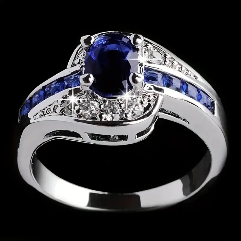 Bague en cristal bleu vintage avec zirconium argenté