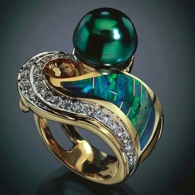 Bague en Perle Verte Vintage et Zircone