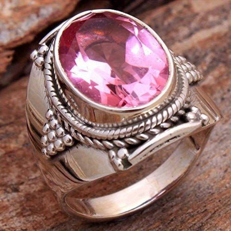 Bague en cristal rose vintage en argent