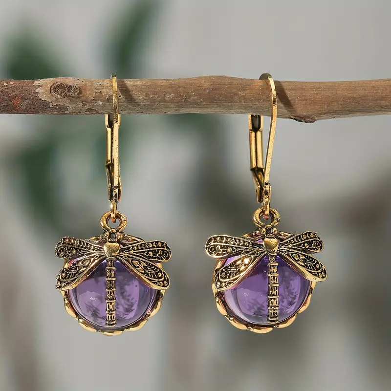 Boucles d'oreilles en cristal de libellule violette et or