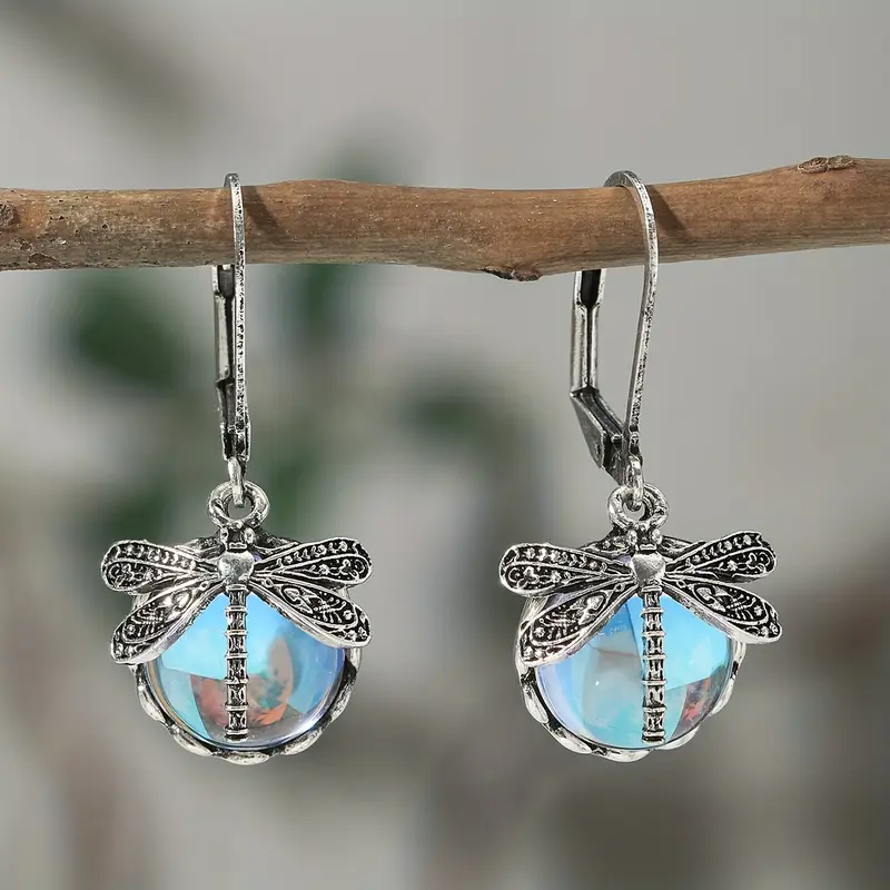 Boucles d'oreilles en cristal de libellule bleue et argent