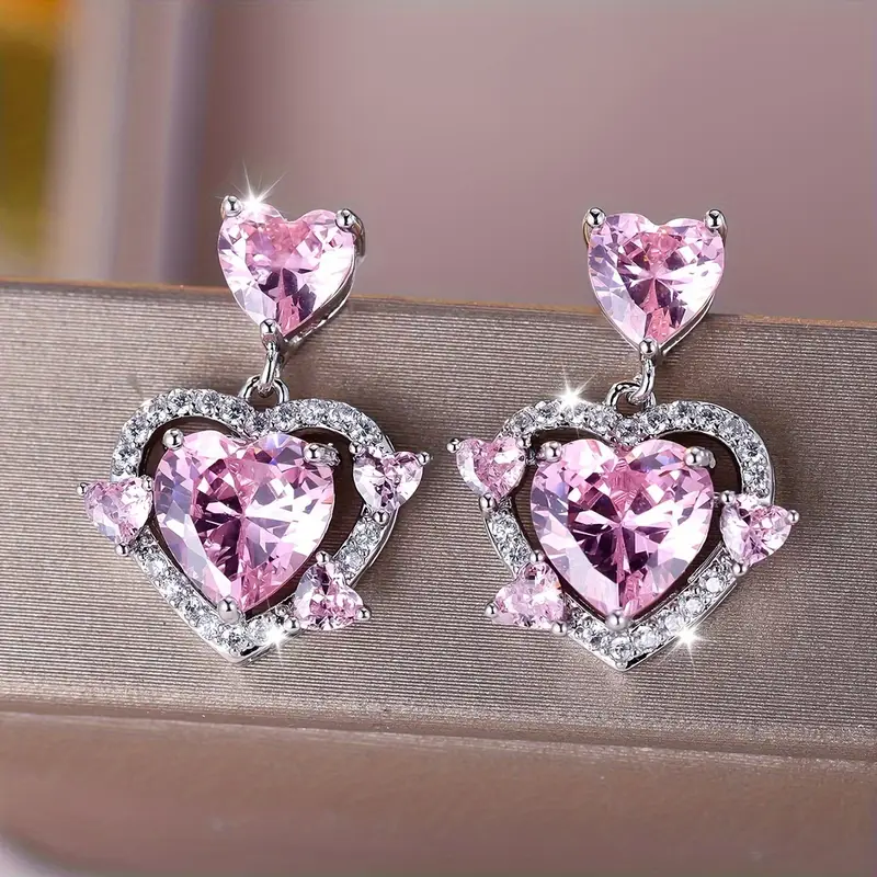 Boucles d'oreilles en argent cœur en zircon rose