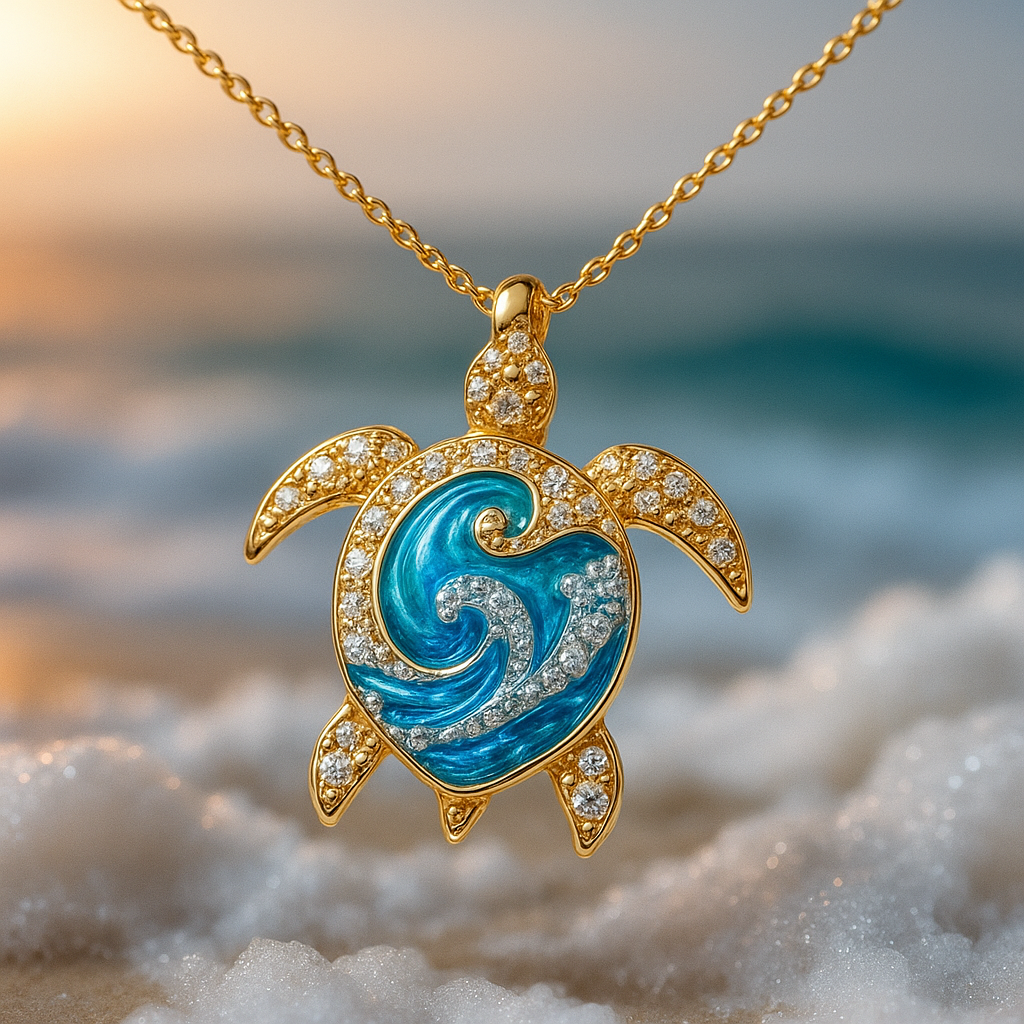 Collier tortue brillante en or opale bleue