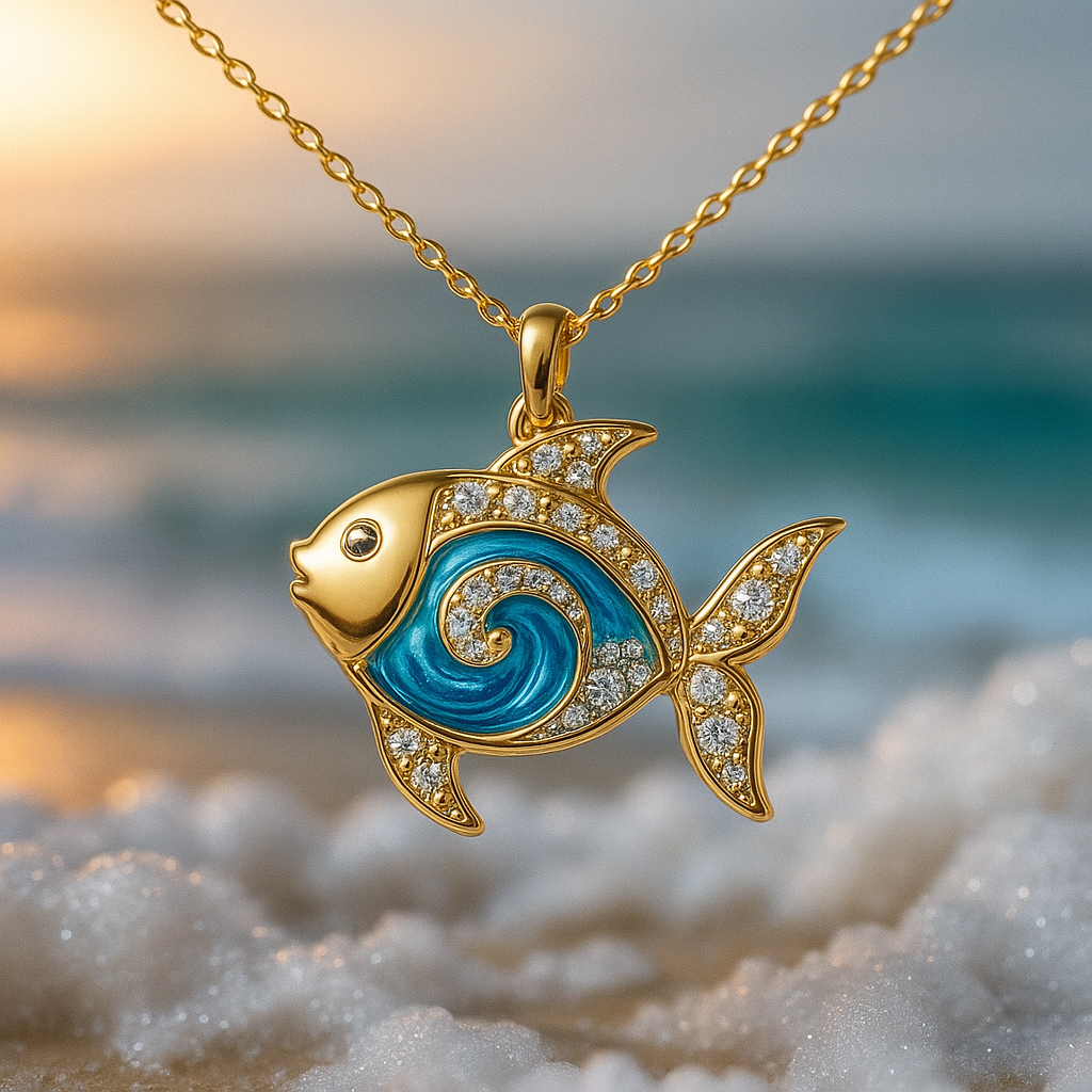 Collier en or avec poisson brillant en opale bleue