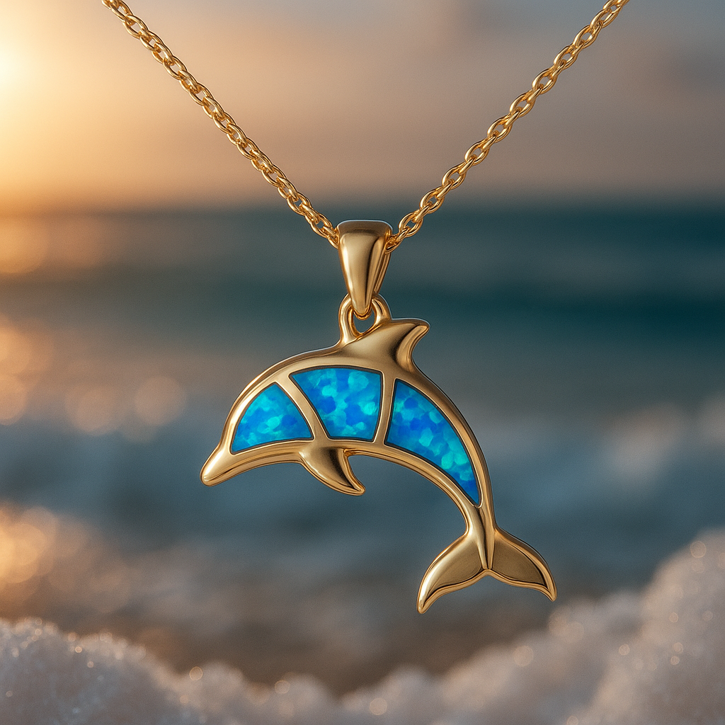 Collier dauphin doré en opale bleue
