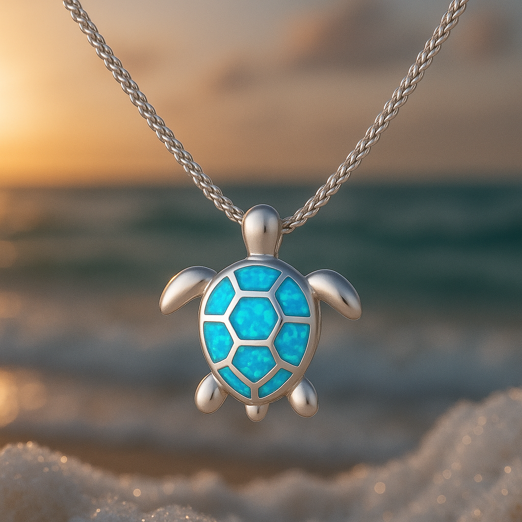 Collier en argent avec tortue en opale bleu clair
