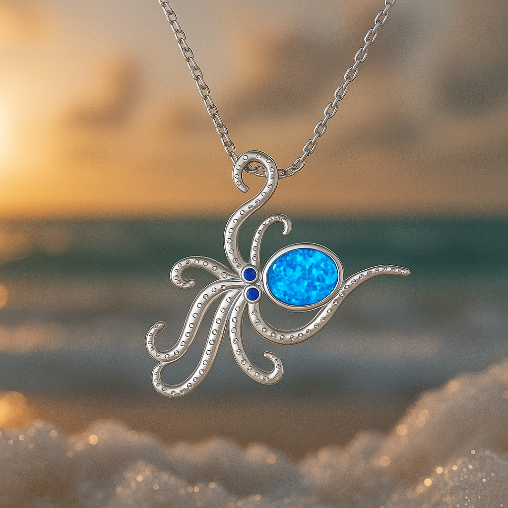 Collier en opale argentée avec octopus