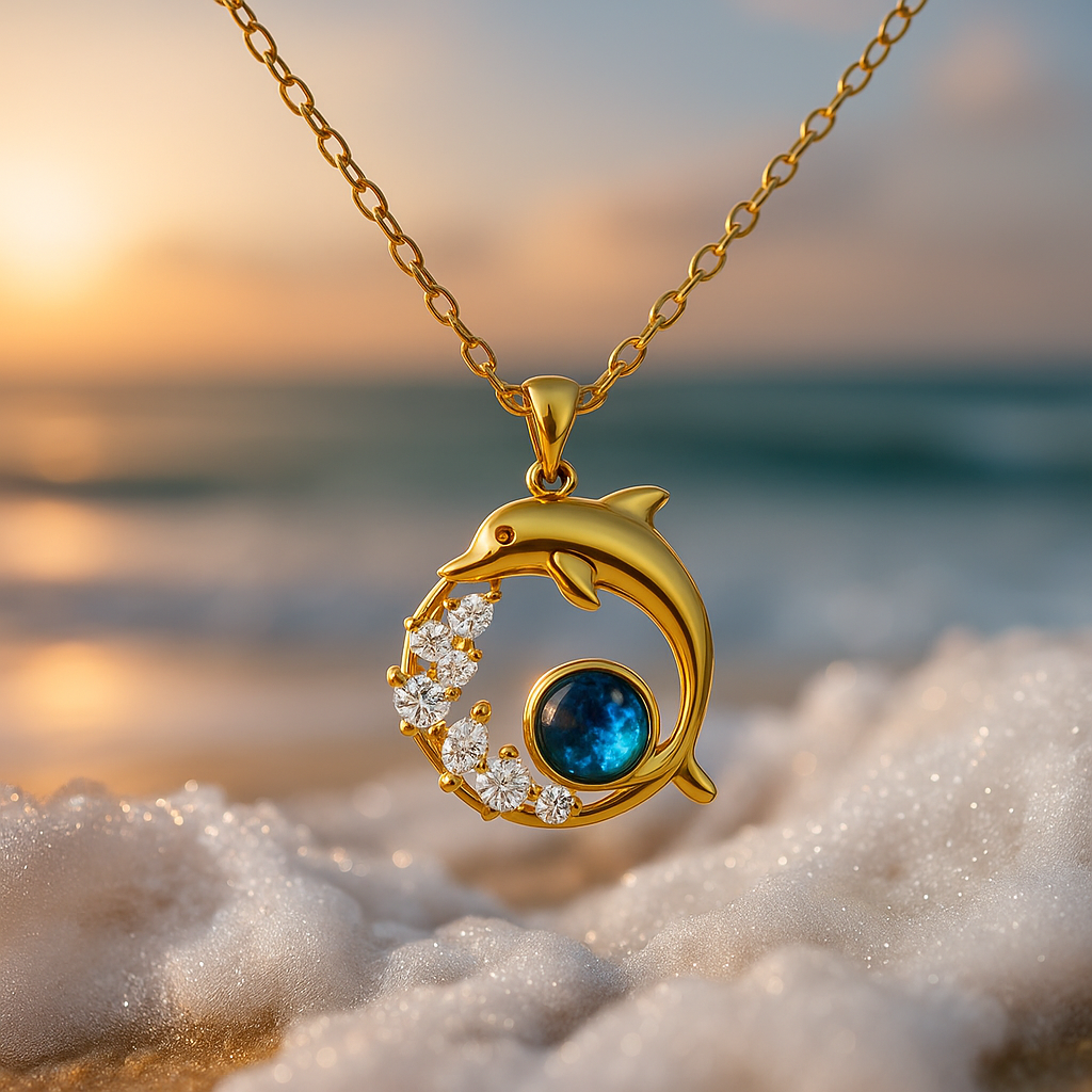 Collier Dauphin en Cristal Bleu Doré