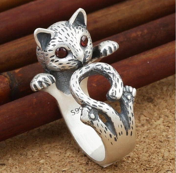 Bague réglable en argent sterling 925 avec chat peint à la main