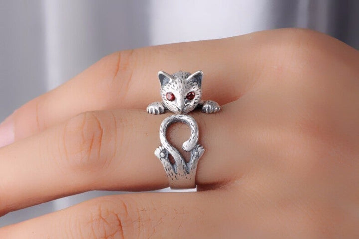 Bague réglable en argent sterling 925 avec chat peint à la main