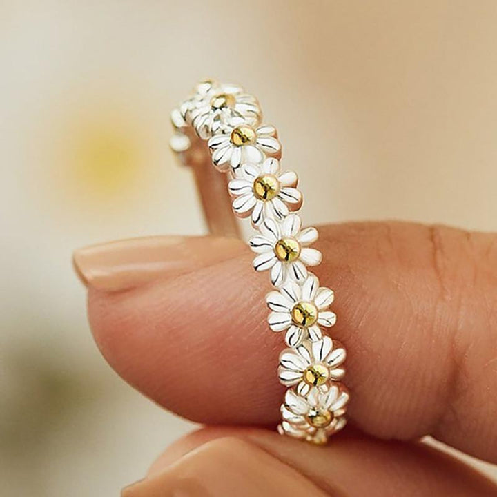 Bague en argent ajustable avec peinture à la main en émail et motif marguerite