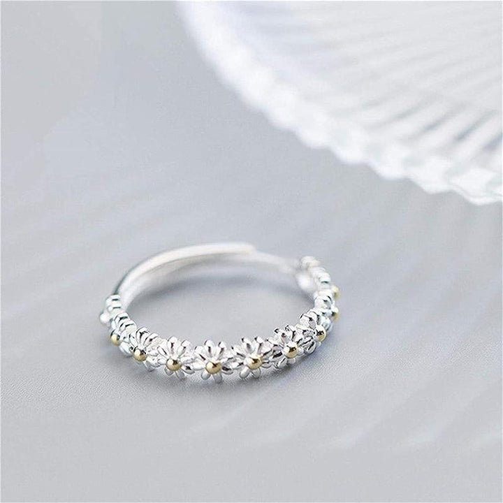 Bague en argent ajustable avec peinture à la main en émail et motif marguerite