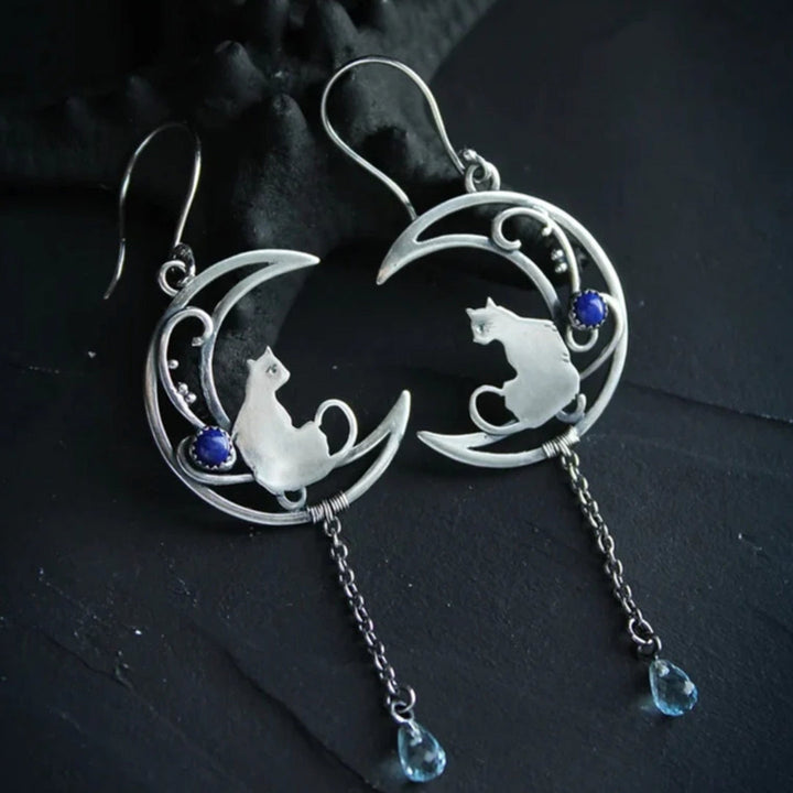 Boucles d'oreilles bohèmes en zircon bleu pour chat en argent sterling