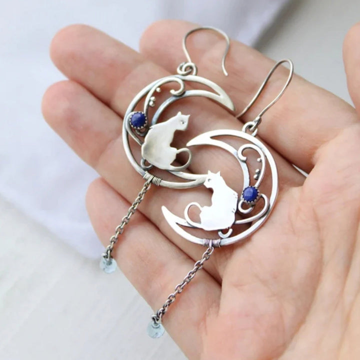 Boucles d'oreilles bohèmes en zircon bleu pour chat en argent sterling