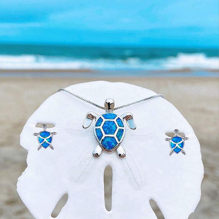 Ensemble de collier et boucles d'oreilles en opale et argent tétra de tortue marine