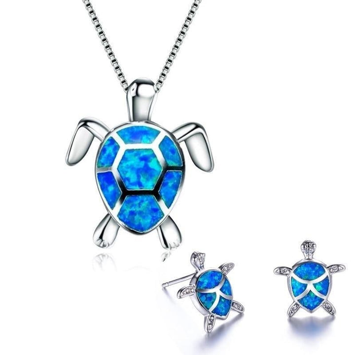 Ensemble de collier et boucles d'oreilles en opale et argent tétra de tortue marine