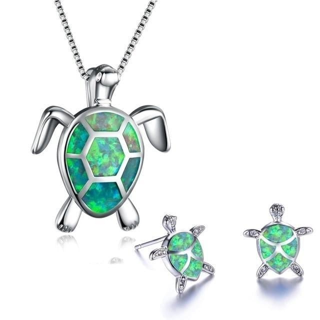 Ensemble de collier et boucles d'oreilles en opale et argent tétra de tortue marine