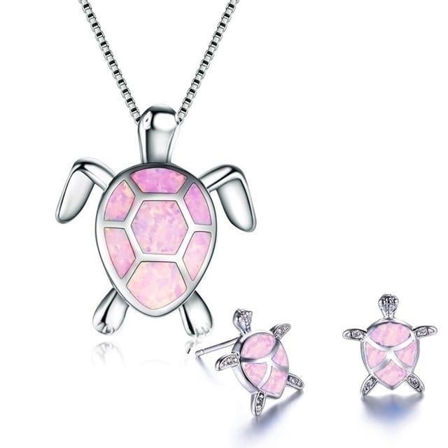 Ensemble de collier et boucles d'oreilles en opale et argent tétra de tortue marine