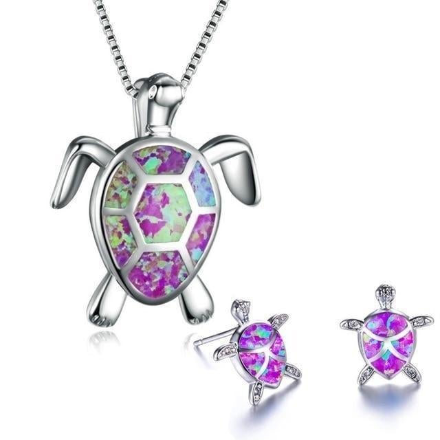 Ensemble de collier et boucles d'oreilles en opale et argent tétra de tortue marine