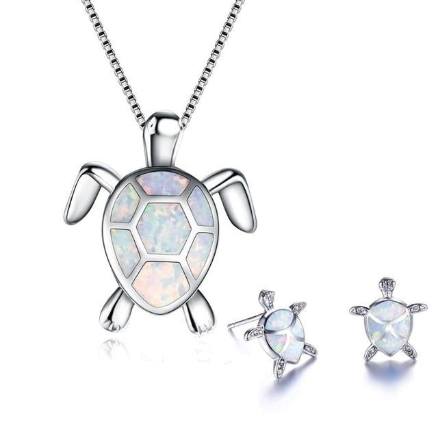 Ensemble de collier et boucles d'oreilles en opale et argent tétra de tortue marine