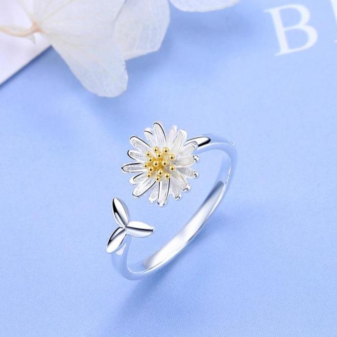 Bague ajustable en argent avec tournesol