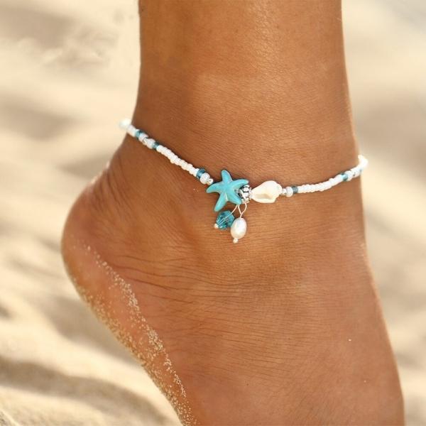 Bracelet anklet étoile et coquillage avec pierres naturelles