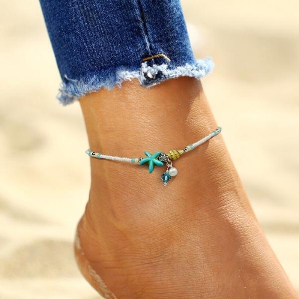 Bracelet anklet étoile et coquillage avec pierres naturelles